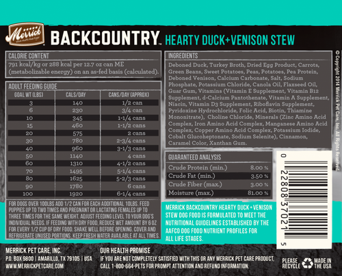 Merrick Backcountry Grain Free Hearty Duck and Venison Stew Canned Dog Food