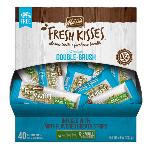 Merrick Fresh Kisses Grain Free Mint Breath Strips Extra Small Dog Treat Box
